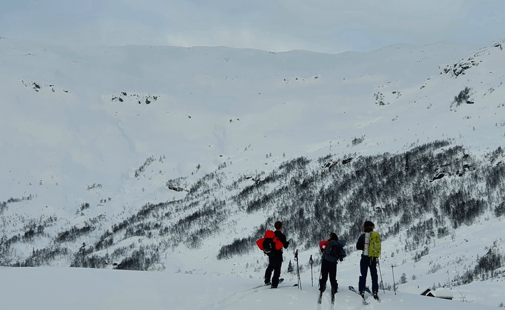 Underveisvurdering. Vi ser etter ferske skred og tegn på fersk fokksnø. Skreieggi i bakgrunnen. skredkurs tur