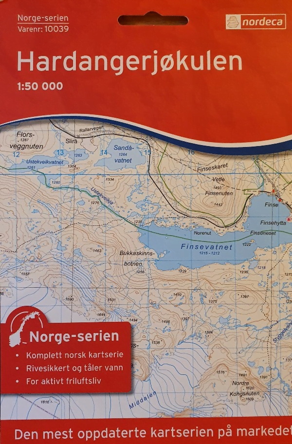 Et vanlig topografisk turkart i målestokk 1:50 000 Hardangerjøkulen kart