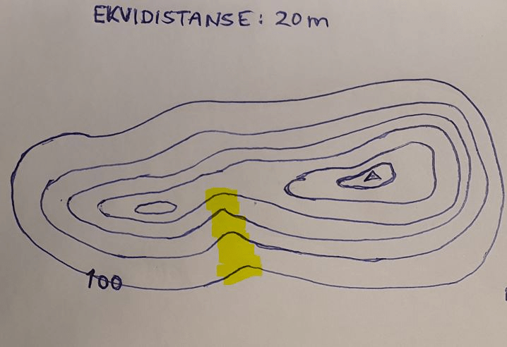 Bukter på høydekurvene avslører en renneformasjon eller en bekk. Høyrdekurver kart