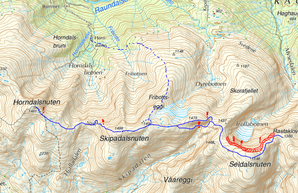 Ruta fra Horndalsnuten over Raundalsryggen til Seldalsnuten