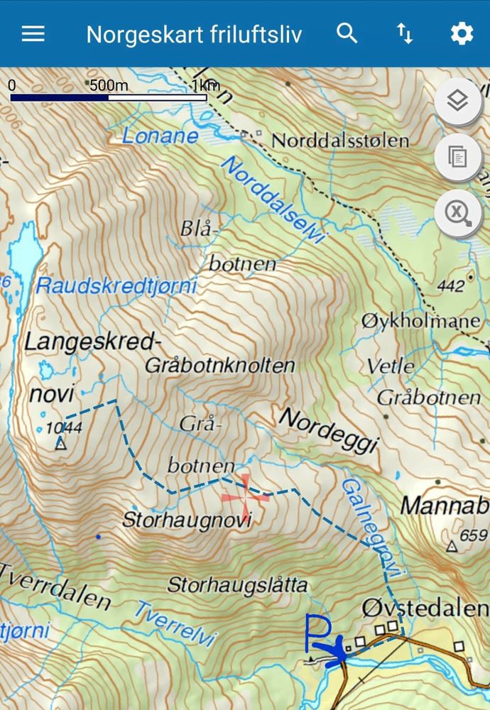 Kartskisse med ruta til Langeskrednovi tegnet inn. Henta fra appen Norgeskart friluftsliv. Kart Langeskredsnovi